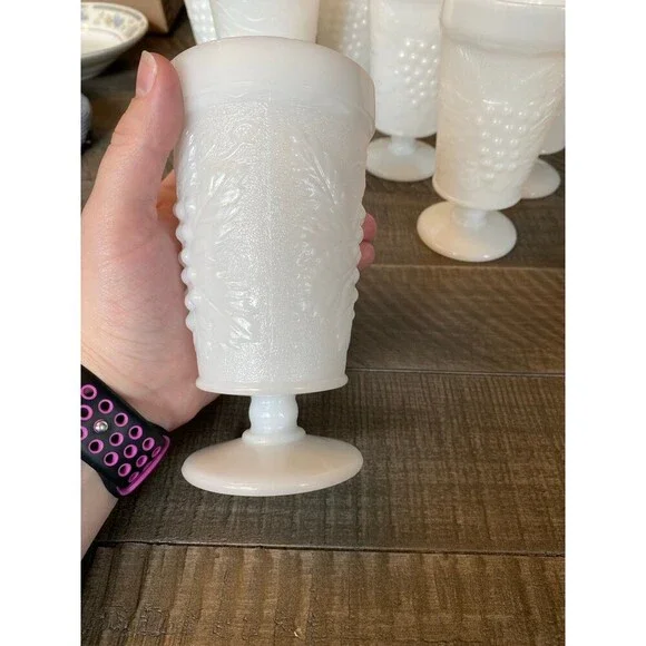 Vintage footed milk glass goblet cups with grapes and vine design - Picture 5 of 12